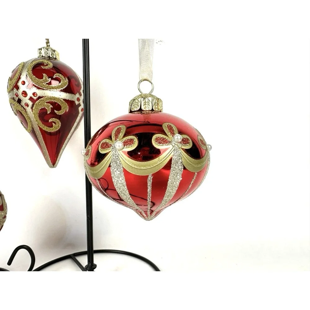 Vintage Christmas Ornaments Blown Glass Red and Gold Glitter Set of Three